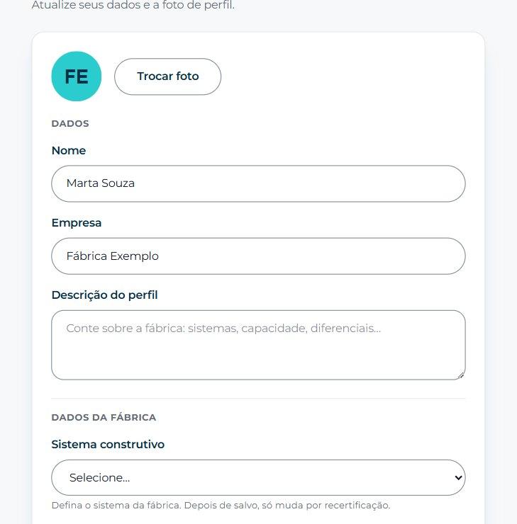 Logo e apresentação: Em «Empresa», use «Trocar foto» para colocar o logotipo: ele sai nas propostas que a sua fábrica envia. Preencha o nome da empresa e a «Descrição do perfil».