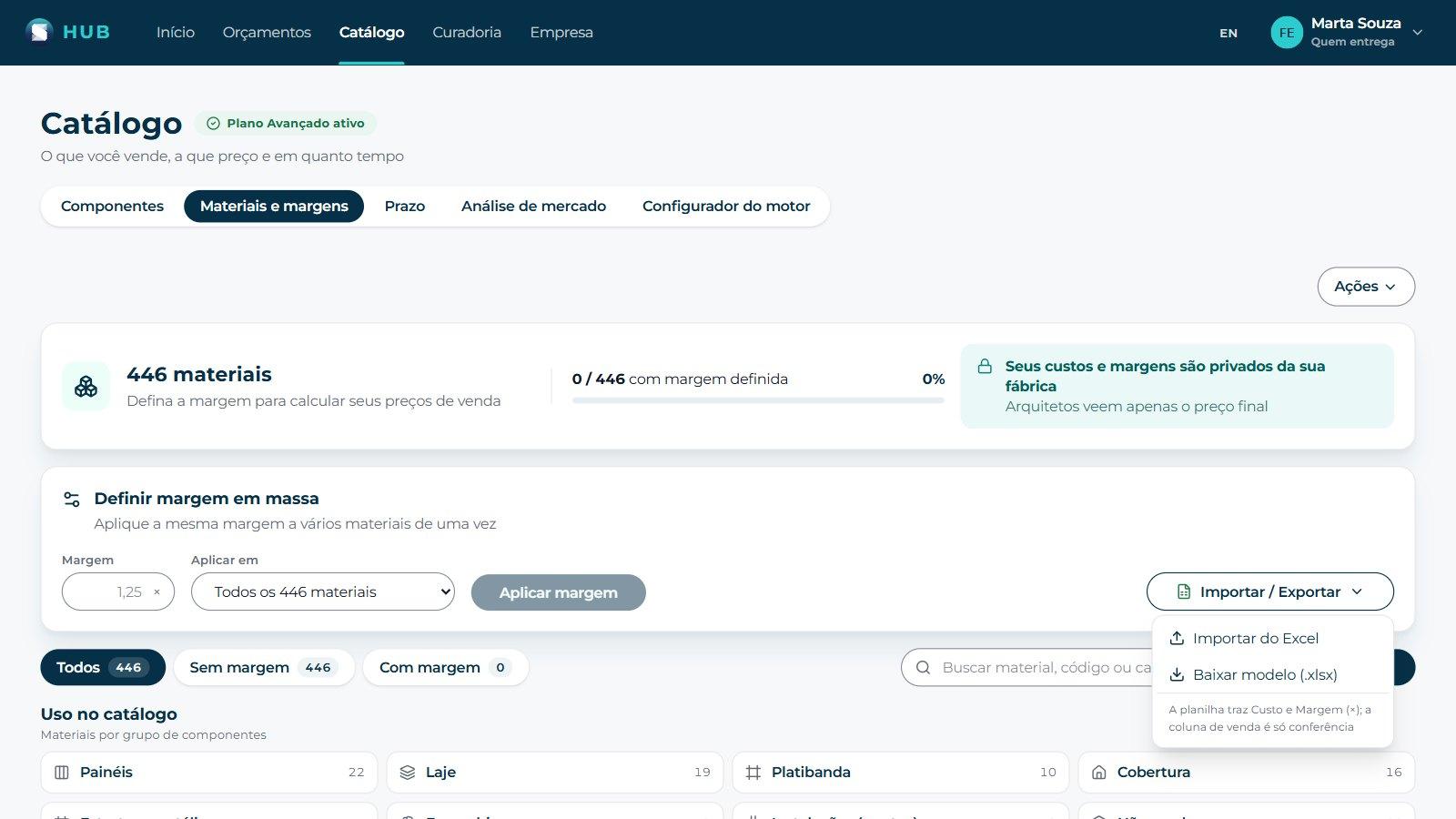Pelo Excel: Em «Importar / Exportar» use «Baixar modelo (.xlsx)», preencha os seus custos e volte com «Importar do Excel». Grave com «Salvar e atualizar componentes»: os componentes «Pelos materiais» recalculam sozinhos.