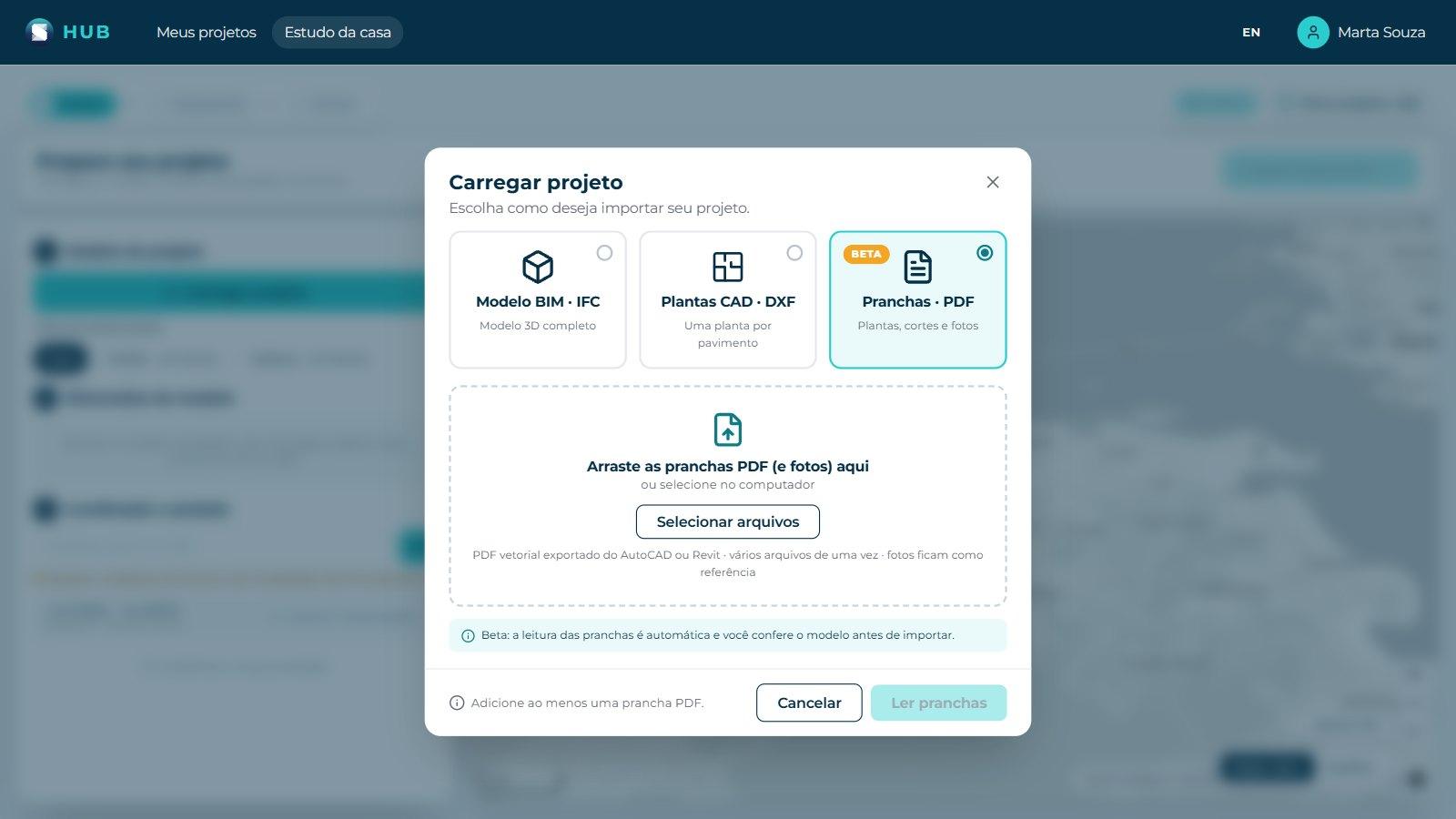 Pranchas em PDF: Em «Pranchas · PDF», ainda em beta, envie plantas, cortes e fotos e clique «Ler pranchas». O SX.HUB propõe um modelo e lista os «Pontos a validar»: confirme ou corrija cada um e termine com «Aprovar e importar». As fotos servem só de referência.