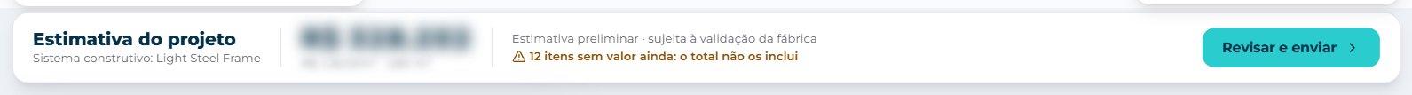A estimativa: «Estimativa do projeto» soma tudo e dá o valor por m². Enquanto a estrutura é calculada, o total ainda muda. Com a localização definida, «Comparar com referência CUB» coloca o número ao lado do custo de referência da região.