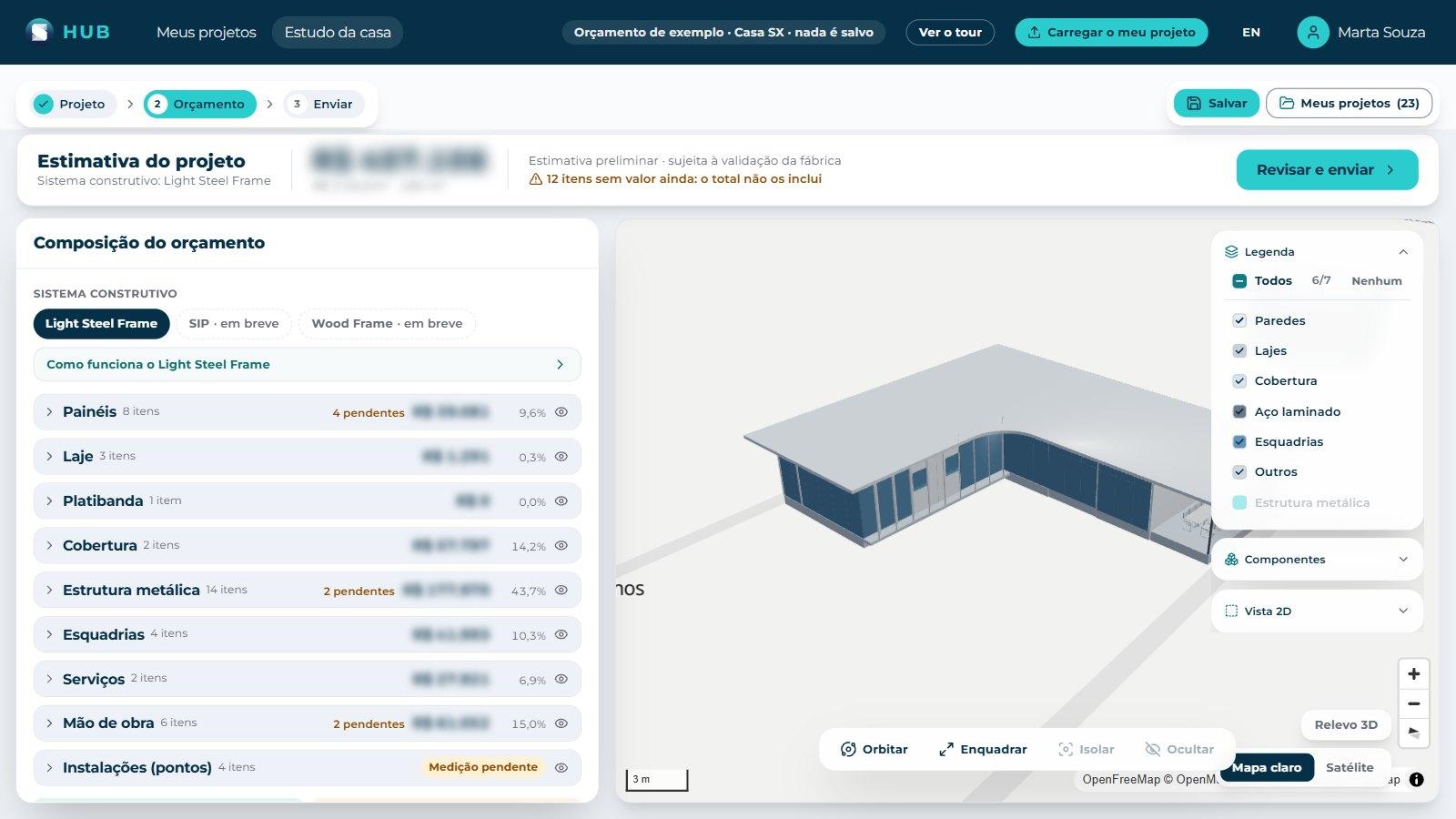 Ver a estrutura: Em «Legenda» ligue «Estrutura metálica» para ver os perfis calculados, e cada categoria para isolar o que quiser. «Orbitar», «Enquadrar» e «Isolar» controlam o 3D. Quando o modelo já traz a sua estrutura em LSF, «Comparar lado a lado» a põe ao lado da calculada pela SX.