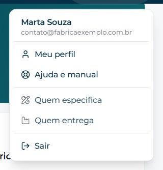 O menu do perfil: Clique no seu nome: «Meu perfil» guarda os seus dados, o plano e o extrato, e «Ajuda e manual» traz este manual de volta. A conta tem os dois papéis, «Quem especifica» e «Quem entrega»: é aqui que se troca.
