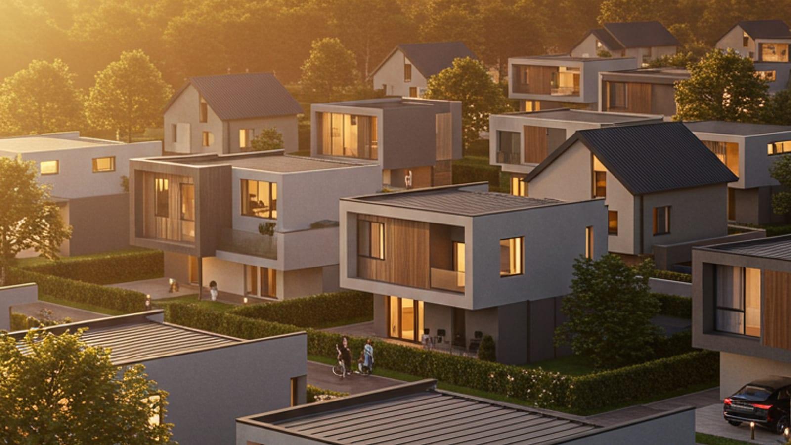 Bairro de casas modulares SX ao pôr do sol, integradas à vegetação: design generativo, industrialização e biofilia
