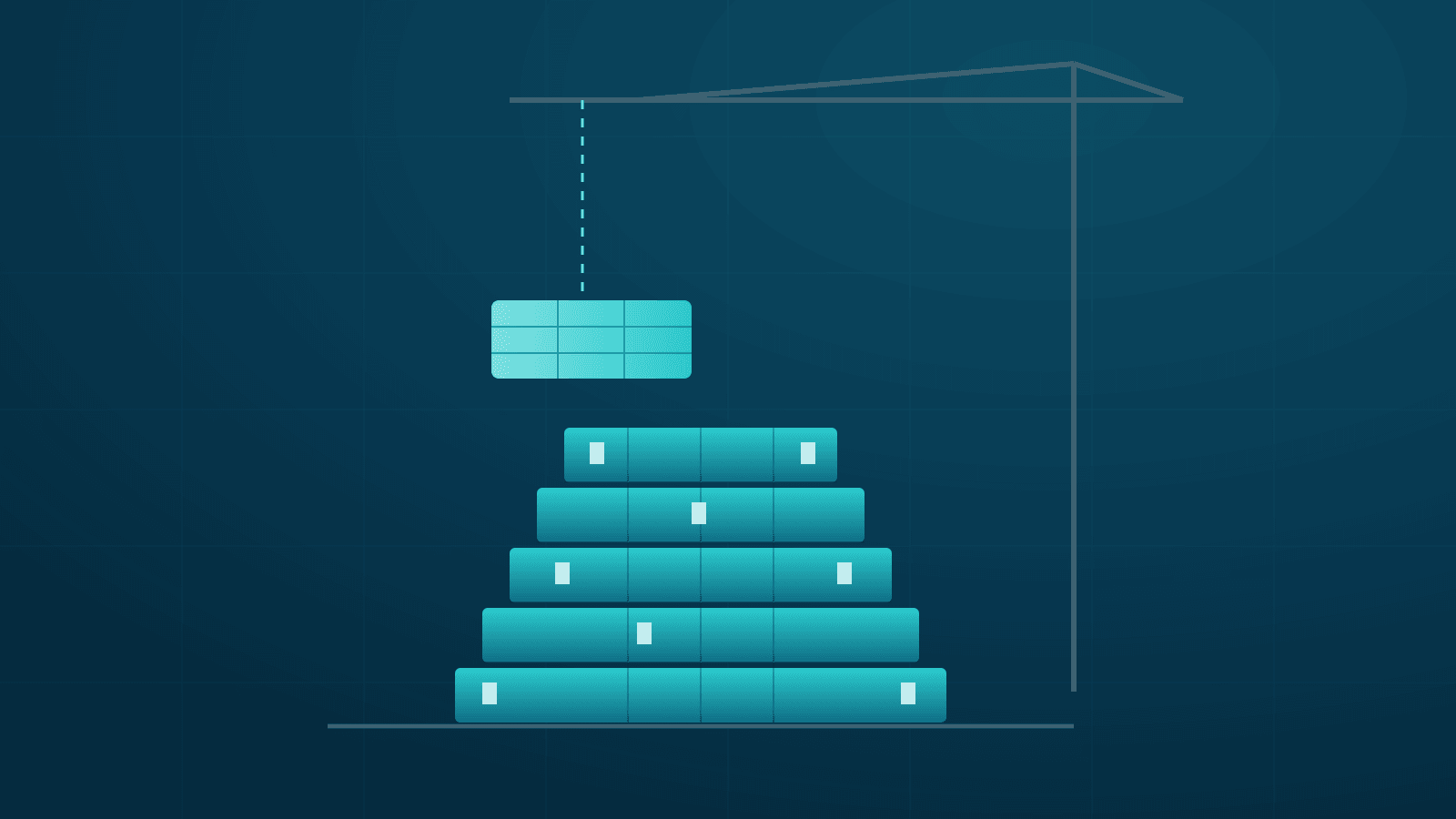 Torre modular de aço sendo montada por guindaste, ilustração no formato de marca Space Xperience