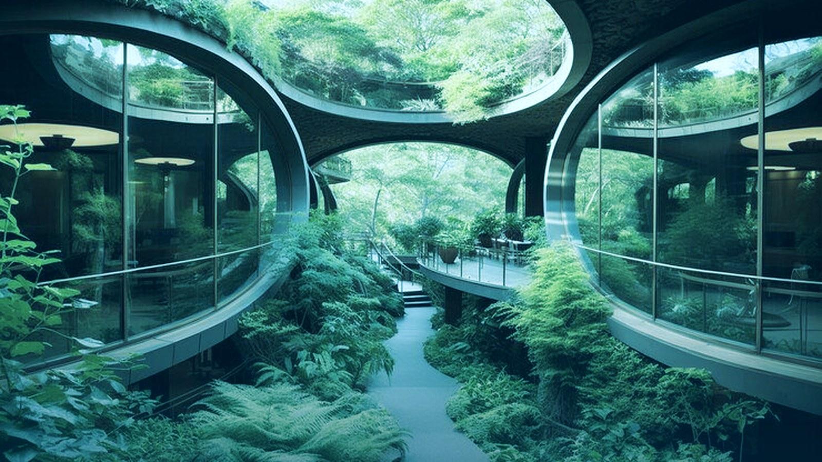 Arquitetura biofílica com vãos circulares envidraçados e vegetação exuberante, em tons azulados da marca SX: neuroarquitetura e design biofílico